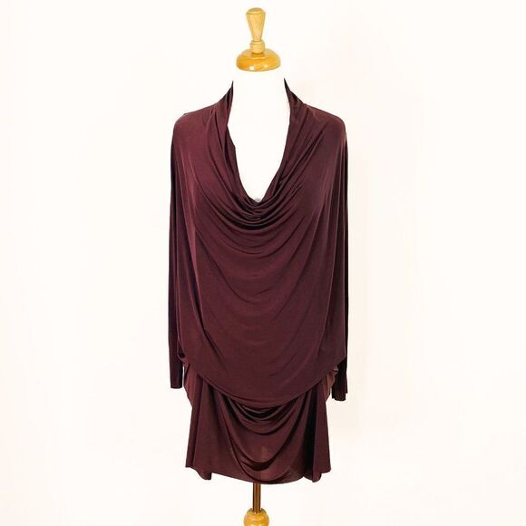 AllSaints Amei Burgundy Long Sleeve Draped Dress - Picture 2 of 7